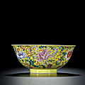 A fine yellow-ground famille-rose bowl, seal mark and period of qianlong (1736-1795)