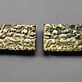 Two gilt-bronze rectangular belt plaques, north china, 3rd-2nd century ad