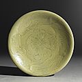 Greenware saucer dish with lotus leaves, Yue kiln-sites, late 9th century - early 10th century AD, Tang Dynasty