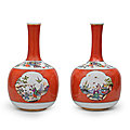 An extremely rare pair of meissen red-ground bottle vases, circa 1735