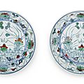 A pair of doucai 'lotus pond' dishes, yongzheng six-character marks and of the period (1723-1735)