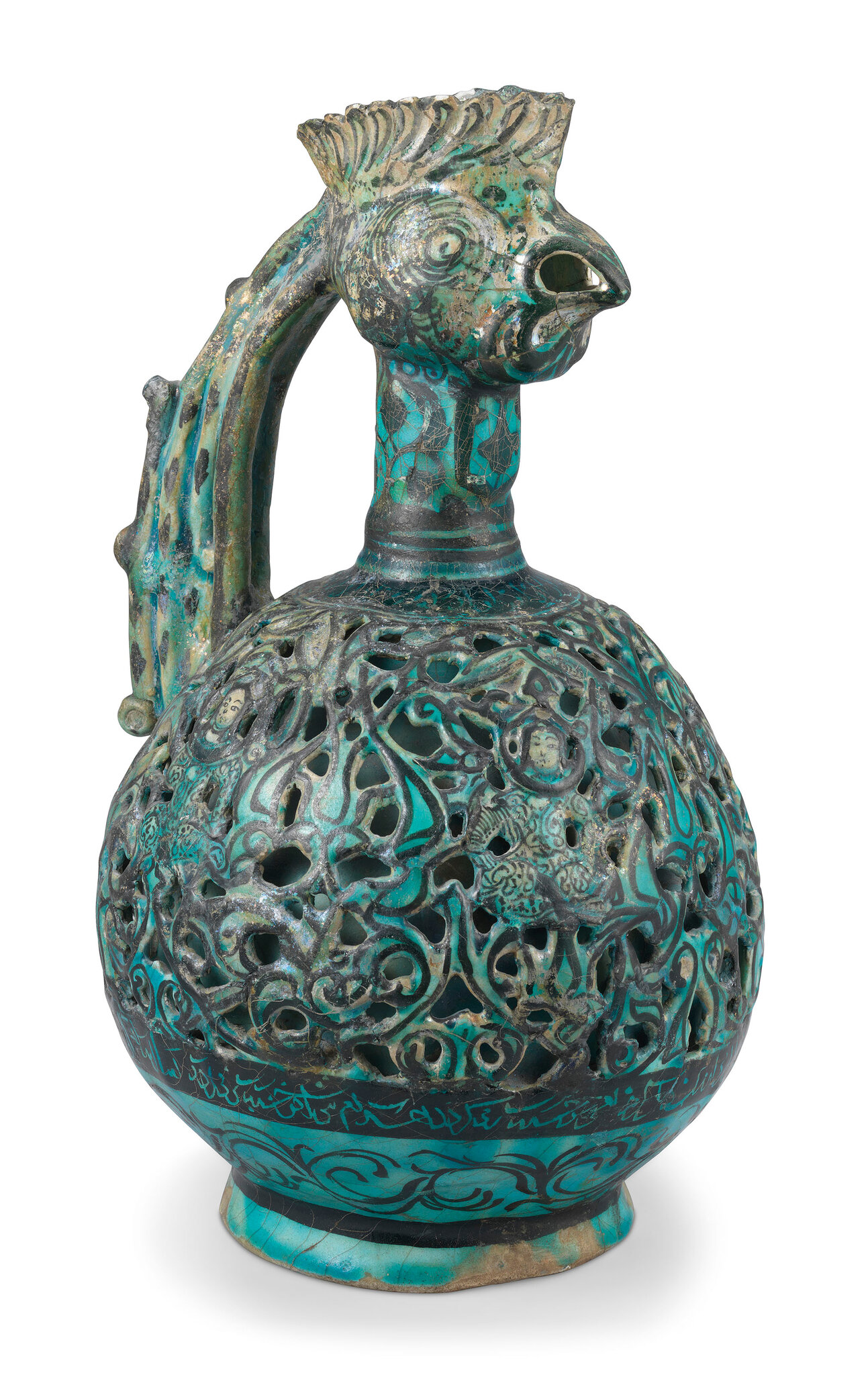 A Kashan turquoise glazed reticulated cockerel-head pottery ewer ...