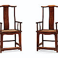 A pair of huanghuali 'official's hat' armchairs, sichutouguanmaoyi, 18th century