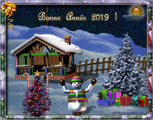 2019--carte-bonne-annee-bonhomme-neige-sapin-noel-cadeaux-neige-maison-montagne