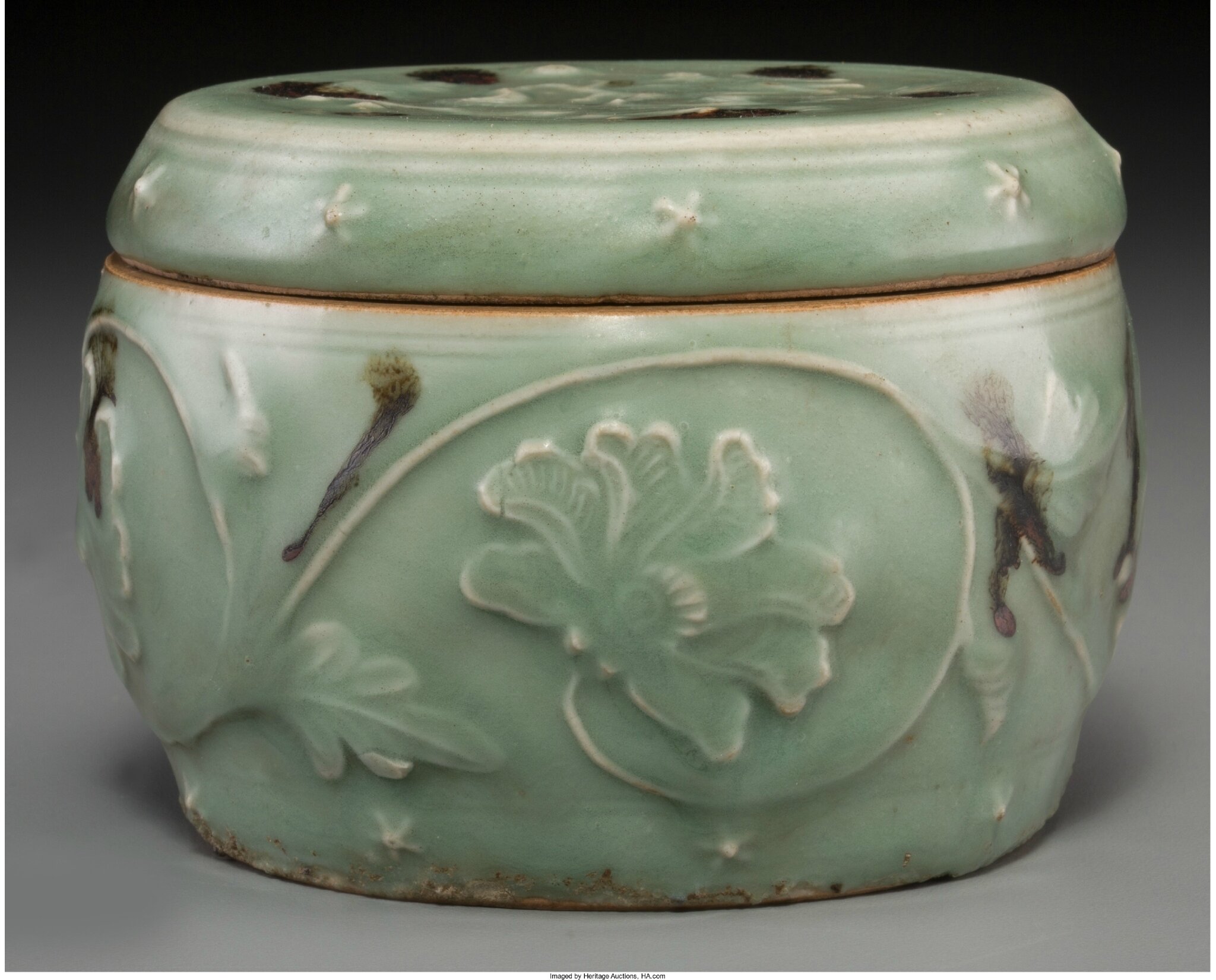 A Chinese Tobi Seiji Decorated Longquan Celadon Jar, Yuan Dynasty, 14th century