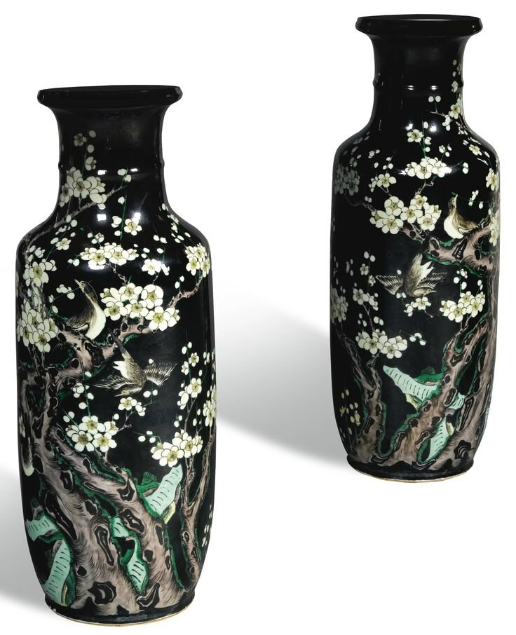 A pair of Chinese famille-noire rouleau vases, Qing Dynasty, 19th Century
