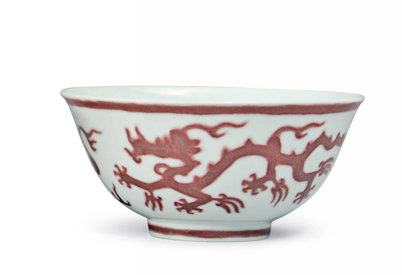 A pair of copper red-decorated ‘dragon’ bowls, Kangxi six-character marks in underglaze blue within a double circle and of the period (1662-1722) 2