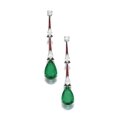 Pair of emerald, ruby and diamond earrings, bulgari