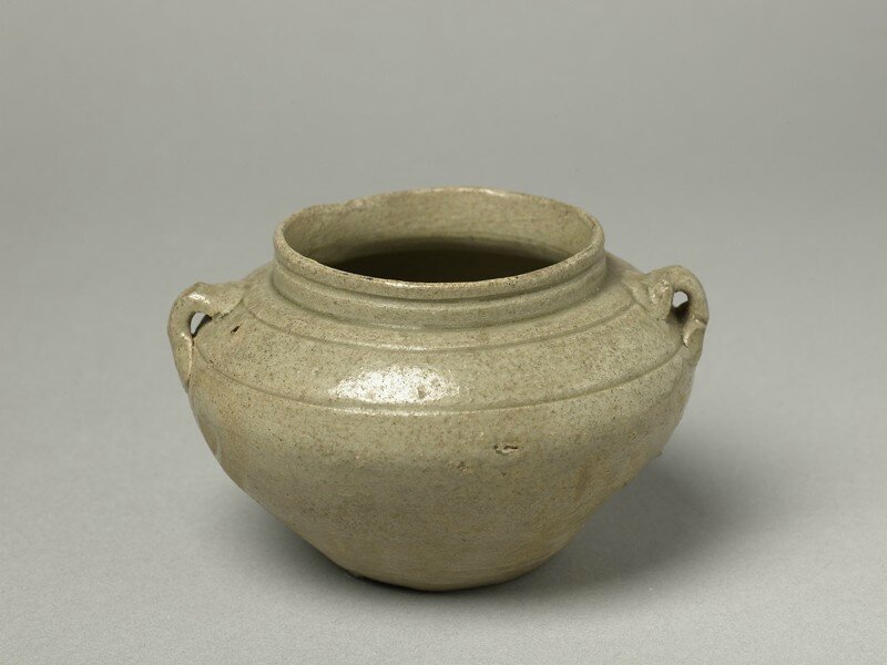Greenware guan, or jar, with loop handles, Yue kiln-sites, late 8th century - early 9th century, Tang Dynasty (AD 618 - 907)