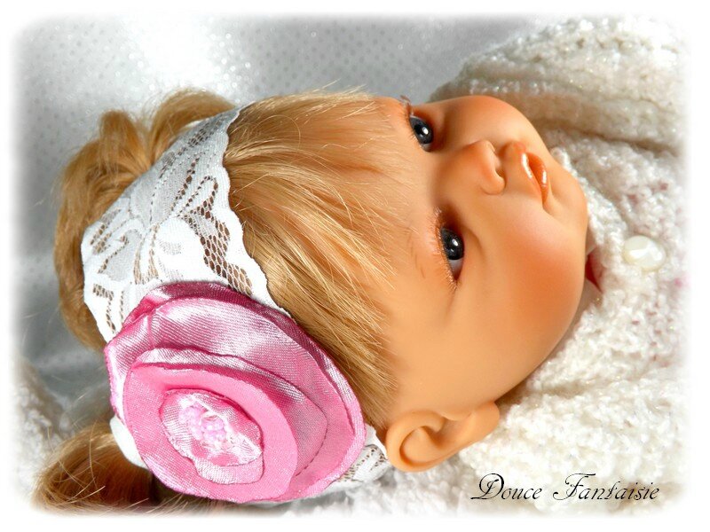 Bandeau cheveux bébé en dentelle blanc rose - Douce Fantaisie