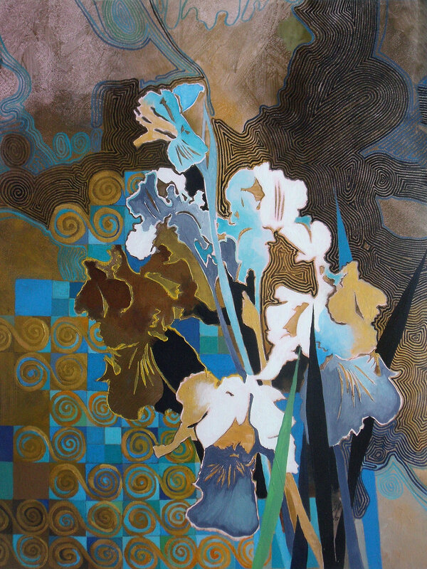 2015- Série noire- Iris blancs- Huile sur papier, sous verre 80x60cm