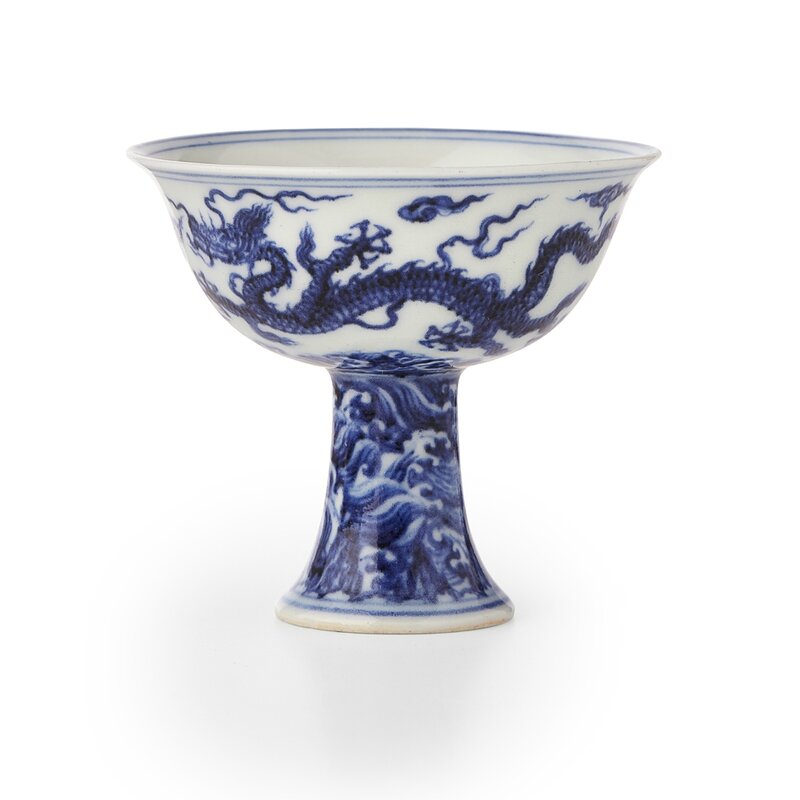 Highly important blue and white 'Dragon' stem cup, Xuande six-character mark and of the period