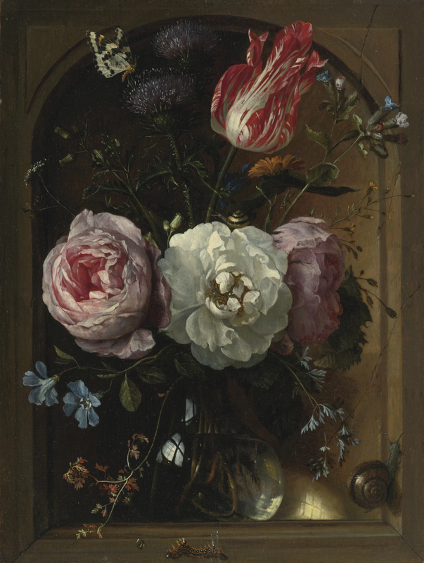 Jan Davidsz. De Heem, Still in insects glass life with of stone in and vase niche a fruits a flowers