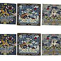 Five pairs of embroidered civil rank badges with applied birds, late qing-republic period