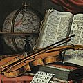 Evert collier (bréda vers 1640 - 1706 londres), nature morte aux instruments de musique, globe et livres