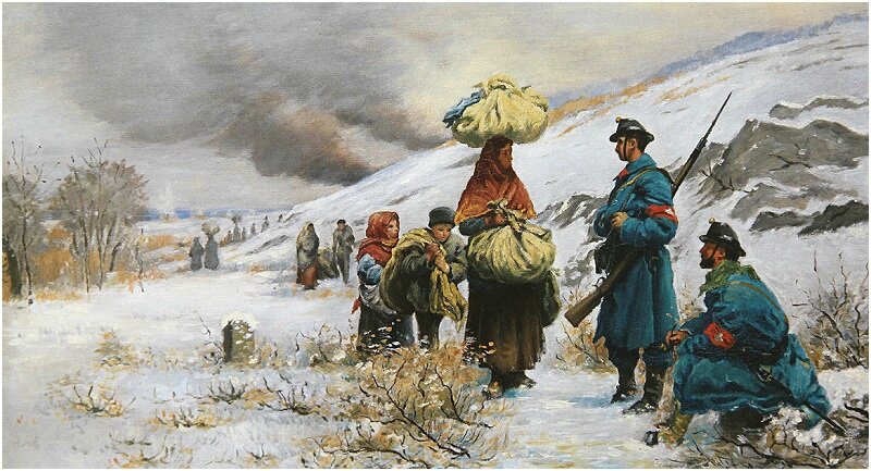 Bachelin, soldats suisses accueillant des réfugiés de la guerre (1870)