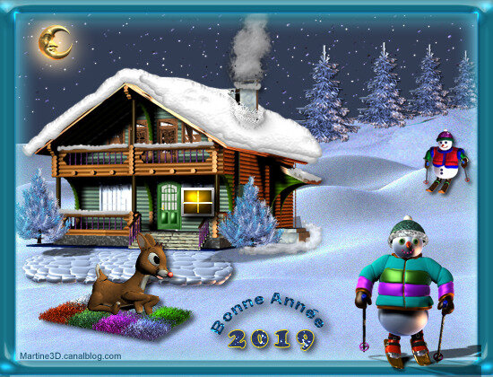 2019-carte-maison-bois-chalet neige-renne-snowman-ski