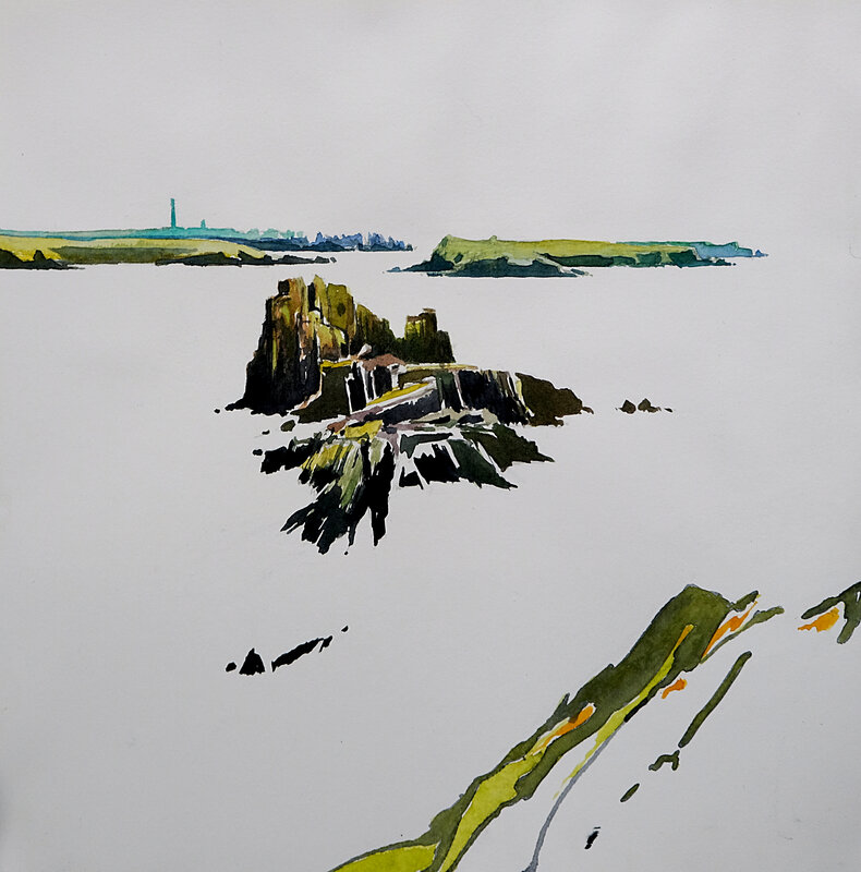 ouessant, de Kadoran vue sur le creac'h, aquarelle, juillet 2018