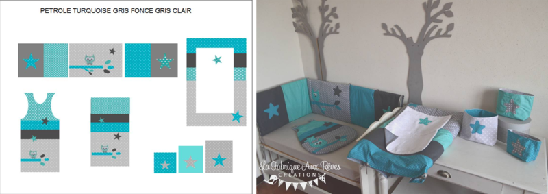 linge lit bébé décoration chambre hibou étoile pétrole turquoise gris