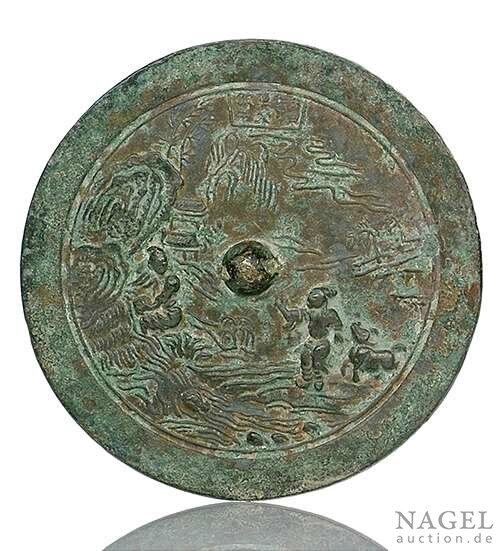 A good bronze mirror with persons and animal in a landscape, China, late Song (960-1279)
