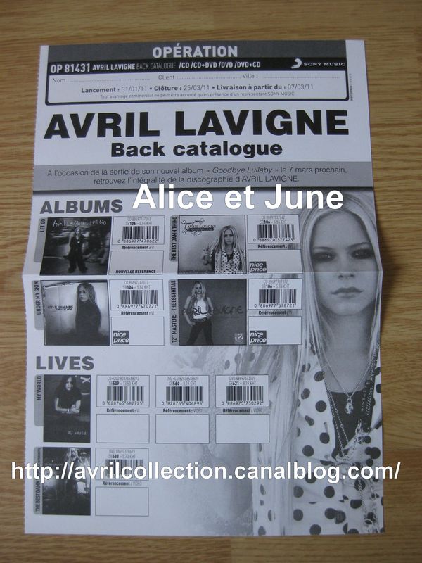 Fiche de commande française-Avril Lavigne Back catalogue (2011)