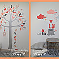 Stickers renard arbre - corail saumon gris argent - décoration chambre bébé fille forêt scandinave oiseaux papillons nuages