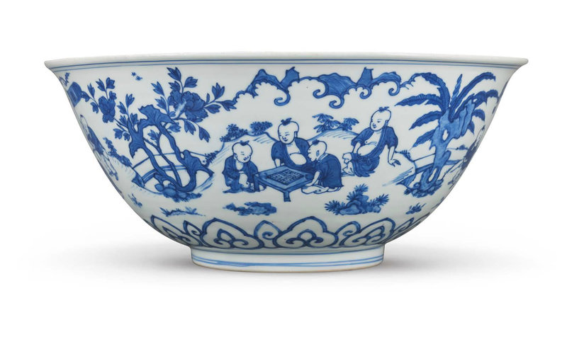 A rare and large blue and white ‘boys’ bowl, Wanli six-character mark in underglaze blue within a double circle and of the period (1573-1620)