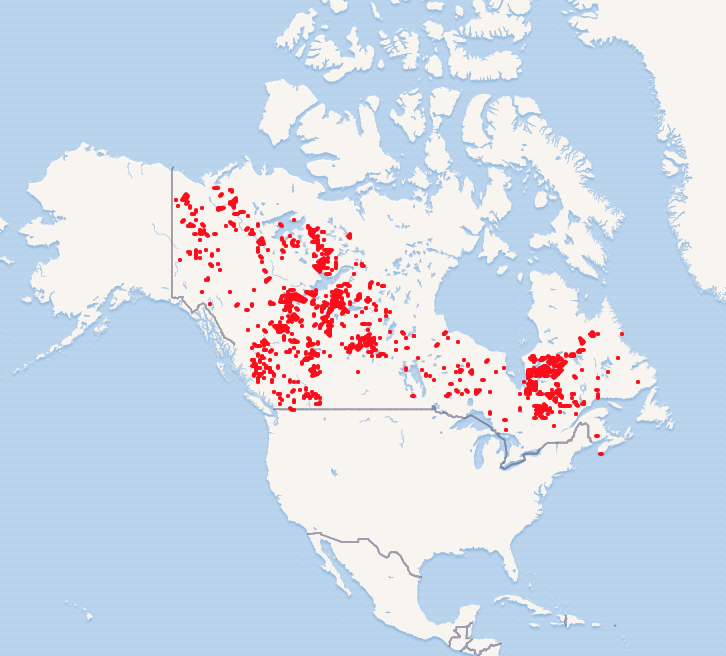 Carte des feux de forêt au Canada en 2023 (juillet 2023, auteur author OpenStreetMap et contributeurs, licence ODBL, crooped)