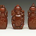 Three carved amber vases and covers, qing dynasty, 19th century