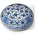 A blue and white circular box and cover, wanli six-character mark in underglaze blue within a double circle and of the period