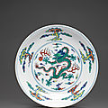 A very rare doucai 'dragon' dish, qianlong six-character seal mark and of the period (1736-1795)