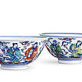 A superbly enamelled pair of doucai 'eight immortals' bowls, marks and period of yongzheng (1723-1735)