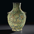 A rare copper-inlaid ritual bronze wine vessel, hu, warring states period (475–221 bc)