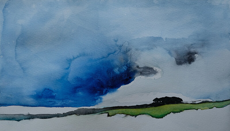 nuage blanc sur les pins, aquarelle mai 2018