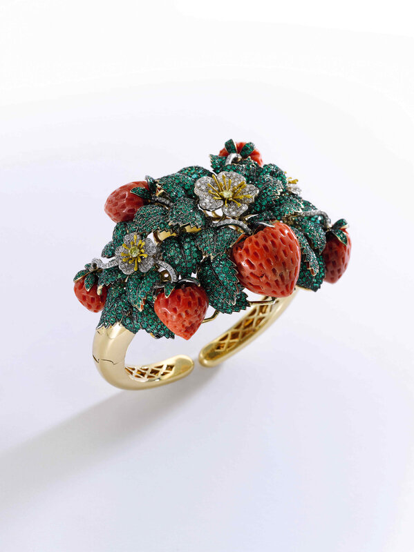 Lot 1039- Coral, emerald, enamel and diamond bangle FRAGOLE- Sotheby's Gva June 17