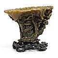 Lot 18. An exceptionally carved, inscribed rhinoceros horn libation cup, 17th century; 16.7cm., 6 5/8 in. Estimate 300,000—500,000 GBP. Lot Sold 421,250 GBP to an Asian Trade. Photo Sotheby's
