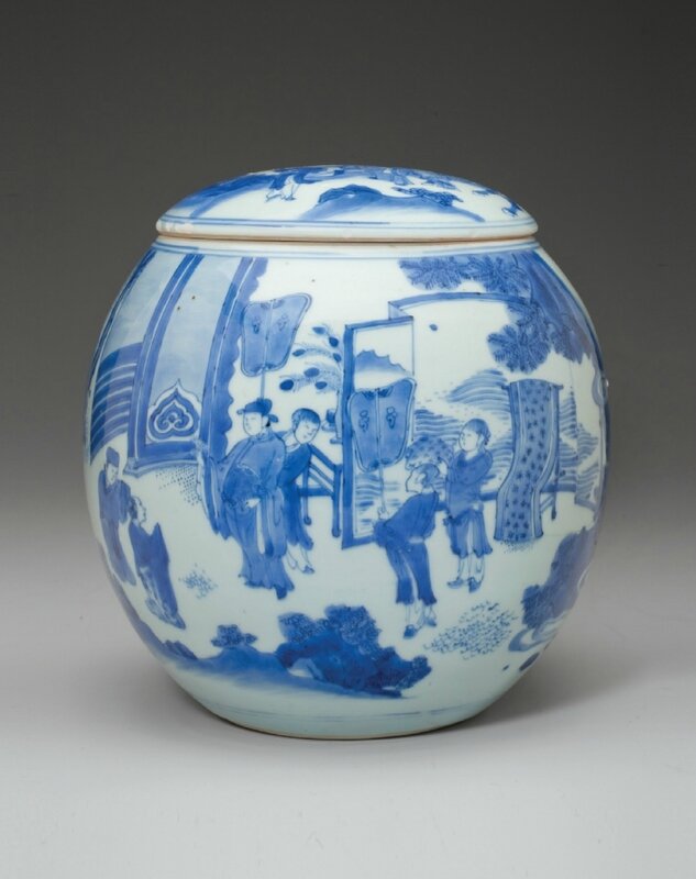 A rare blue and white jar and cover, Chongzhen period, circa 1640