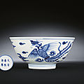 A fine blue and white 'phoenix' bowl, kangxi six-character mark within double-circles and of the period (1622-1722)