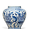 A very rare blue and white 'fish’ jar, ming dynasty, mid-15th century