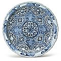 A Rare Molded Blue and White Barbed Rim Dish, Yuan Dynasty, 14th Century. Diameter 18 in., 45.7 cm. Est. $200/300,000. Sold for $4,197,000. Photo: Sotheby's