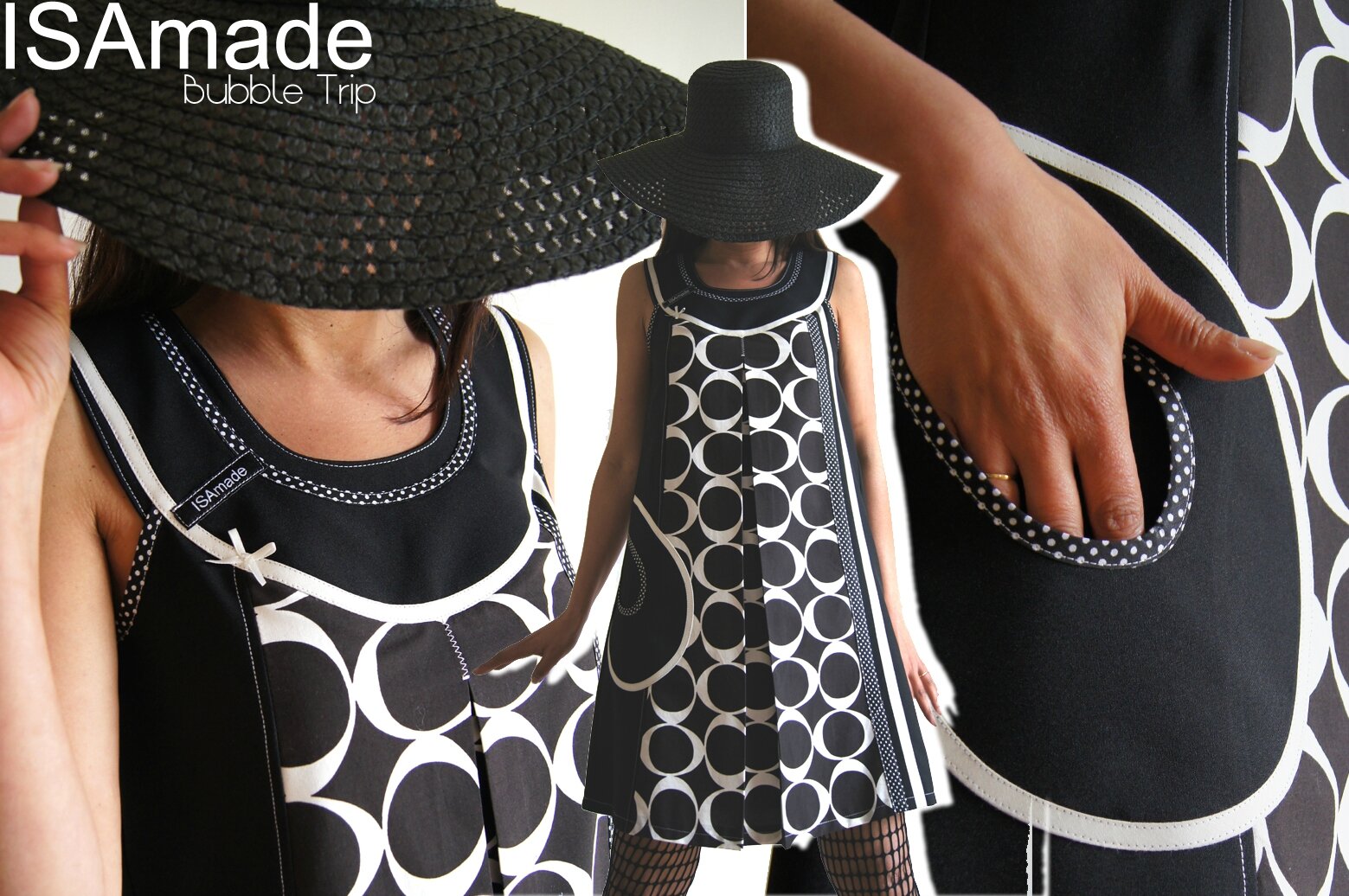 Robe trapèze Chasuble Noire & Blanche crème Graphique Couture tendance Imprimé vintage 60