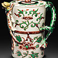 An unusual wucai-enameled dehua wine pot and cover, 17th century