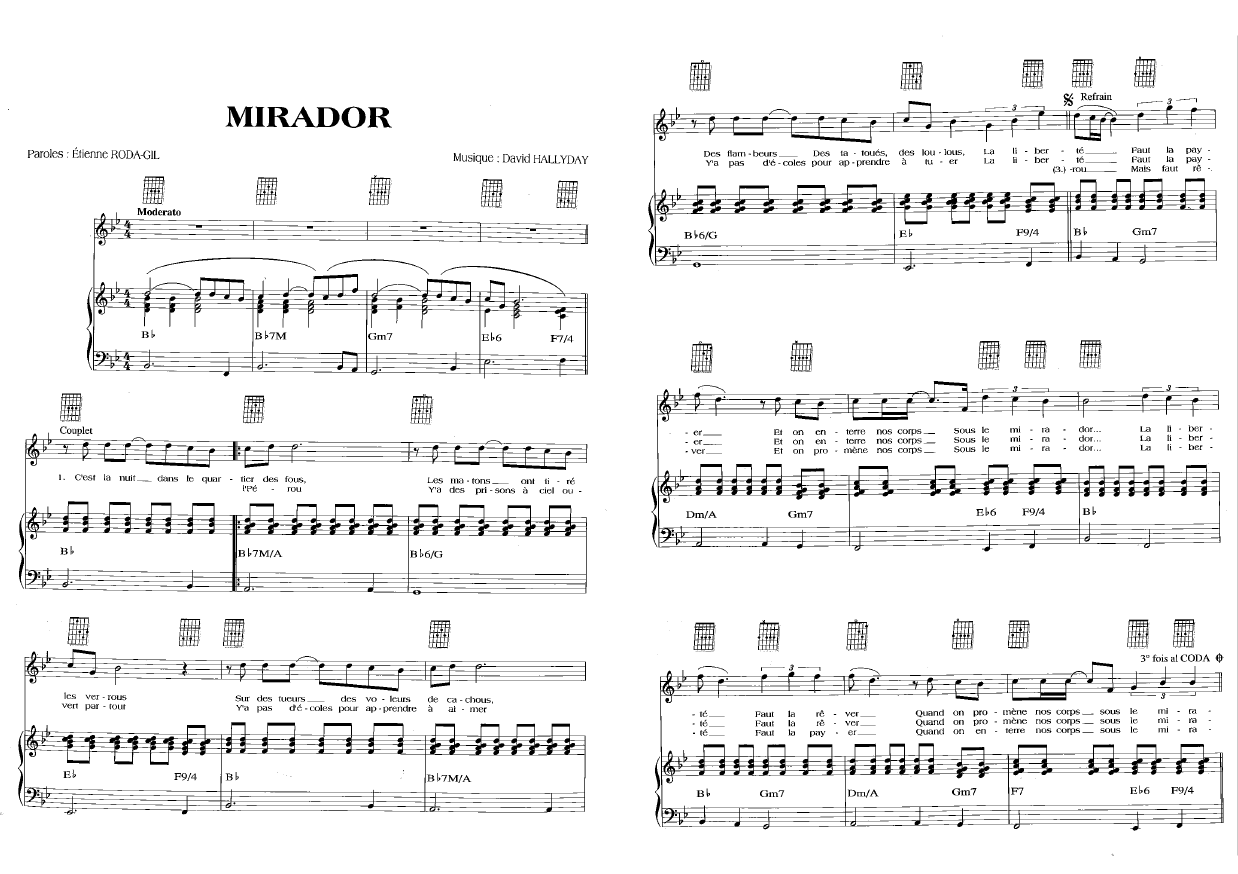 mirador johnny hallyday partition sheet music the strombolis