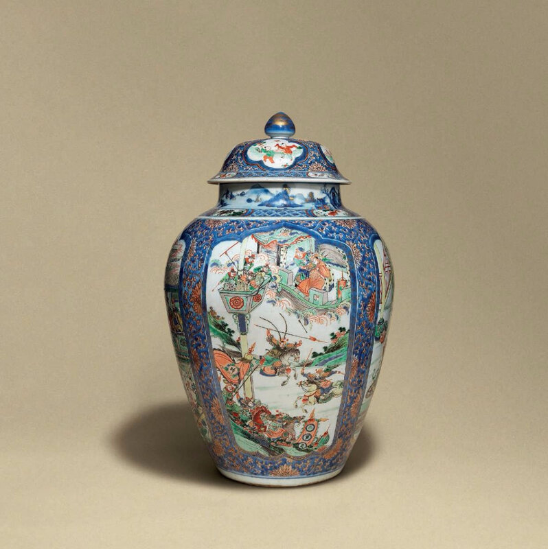 A verte imari 'narrative' jar and cover, Kangxi period (1662-1722)