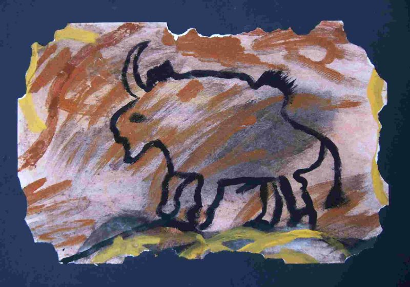 Art rupestre bison sables colorés - Inspiration art préhistorique - Art pariétal enfant