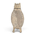 A grey pottery owl-form vessel and cover, han dynasty or later