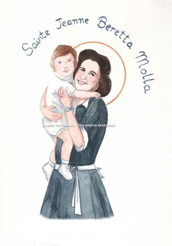 aquarelle de sainte Jeanne Beretta Molla, mère de famille - Dessine-moi...