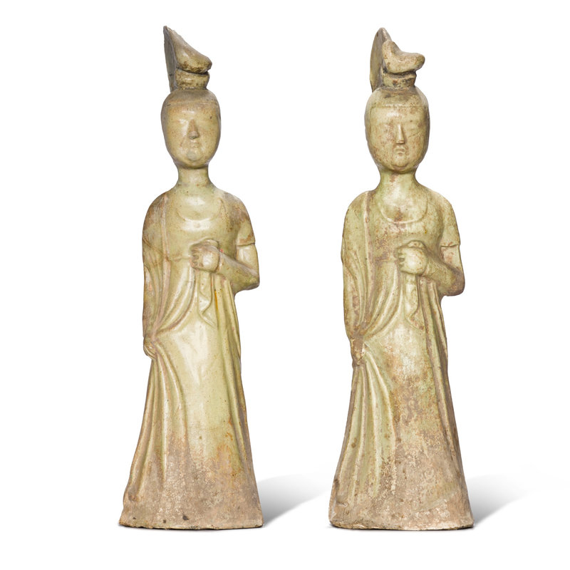 A pair of straw-glazed pottery figures of court ladies, Sui- Early Tang dynasty