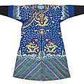 A fine padded silk dragon robe with gold thread embroidery of nine dragons among clouds and few auspicious symbols, guangxu 