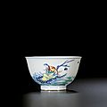 A finely enamelled and rare pair of 'doucai' bowls, marks and period of kangxi (1662-1722)